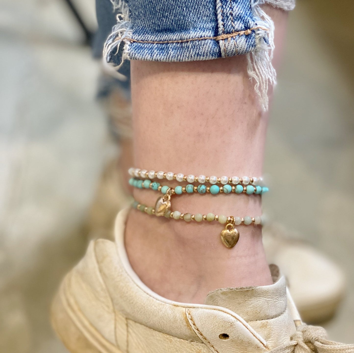 Stone Bead Heart Anklet - HAWI SHOPPING