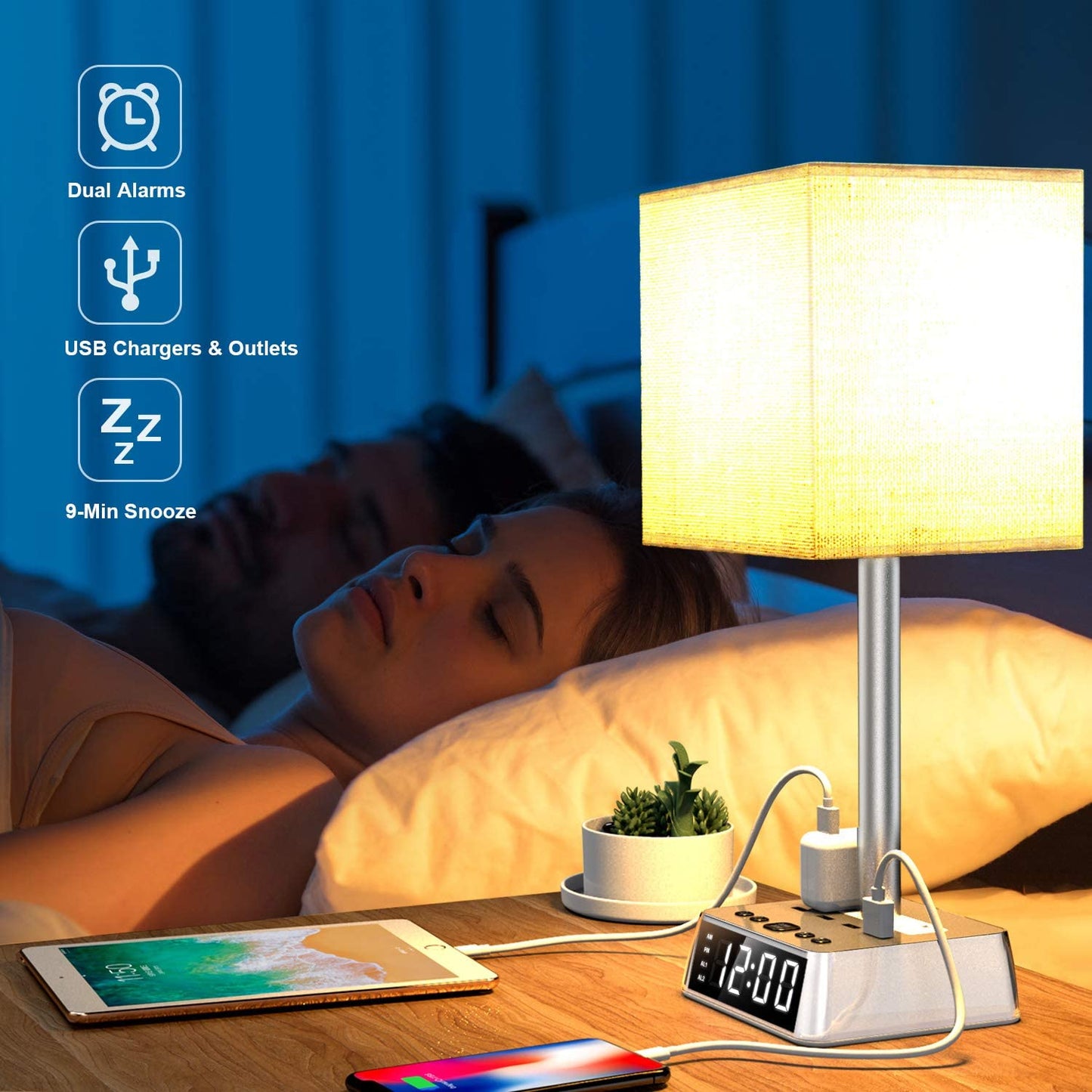 Table Lamp, 4 USB Ports & AC Power Outlets, Alarm Clock - HAWI SHOPPING