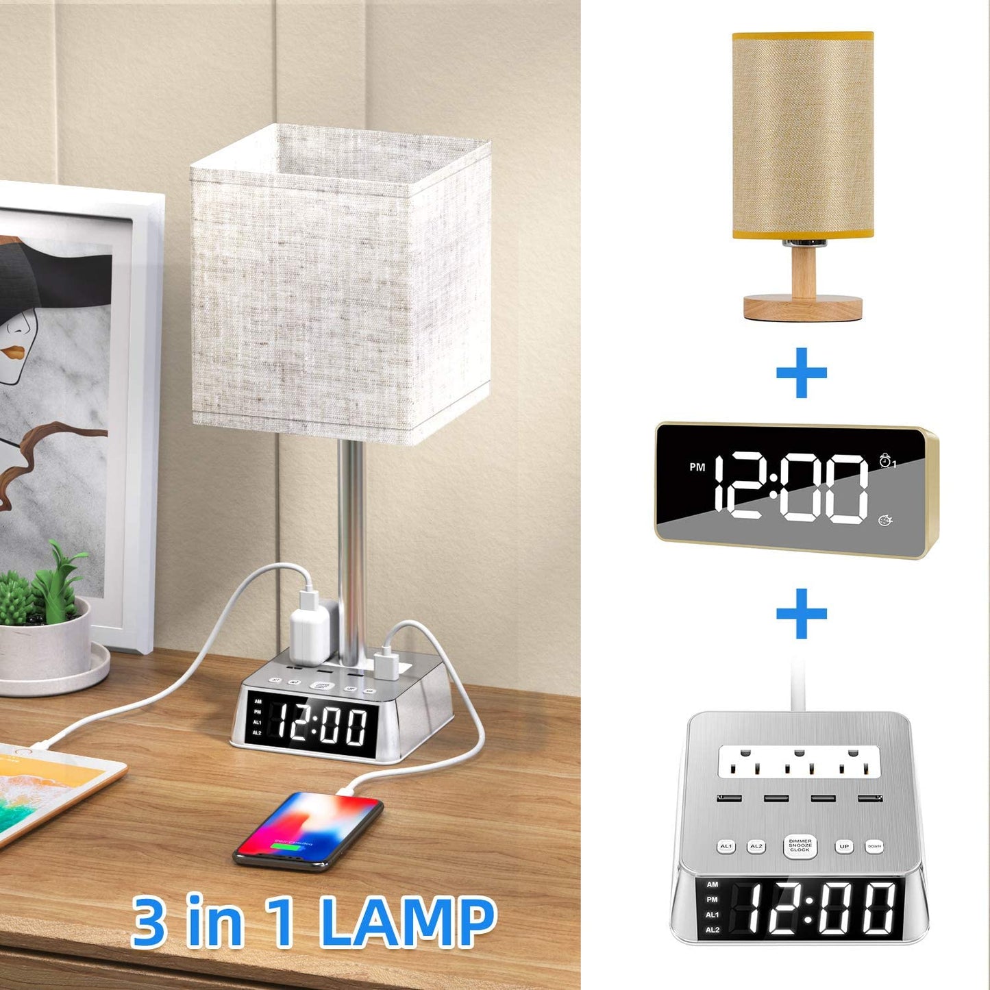 Table Lamp, 4 USB Ports & AC Power Outlets, Alarm Clock - HAWI SHOPPING