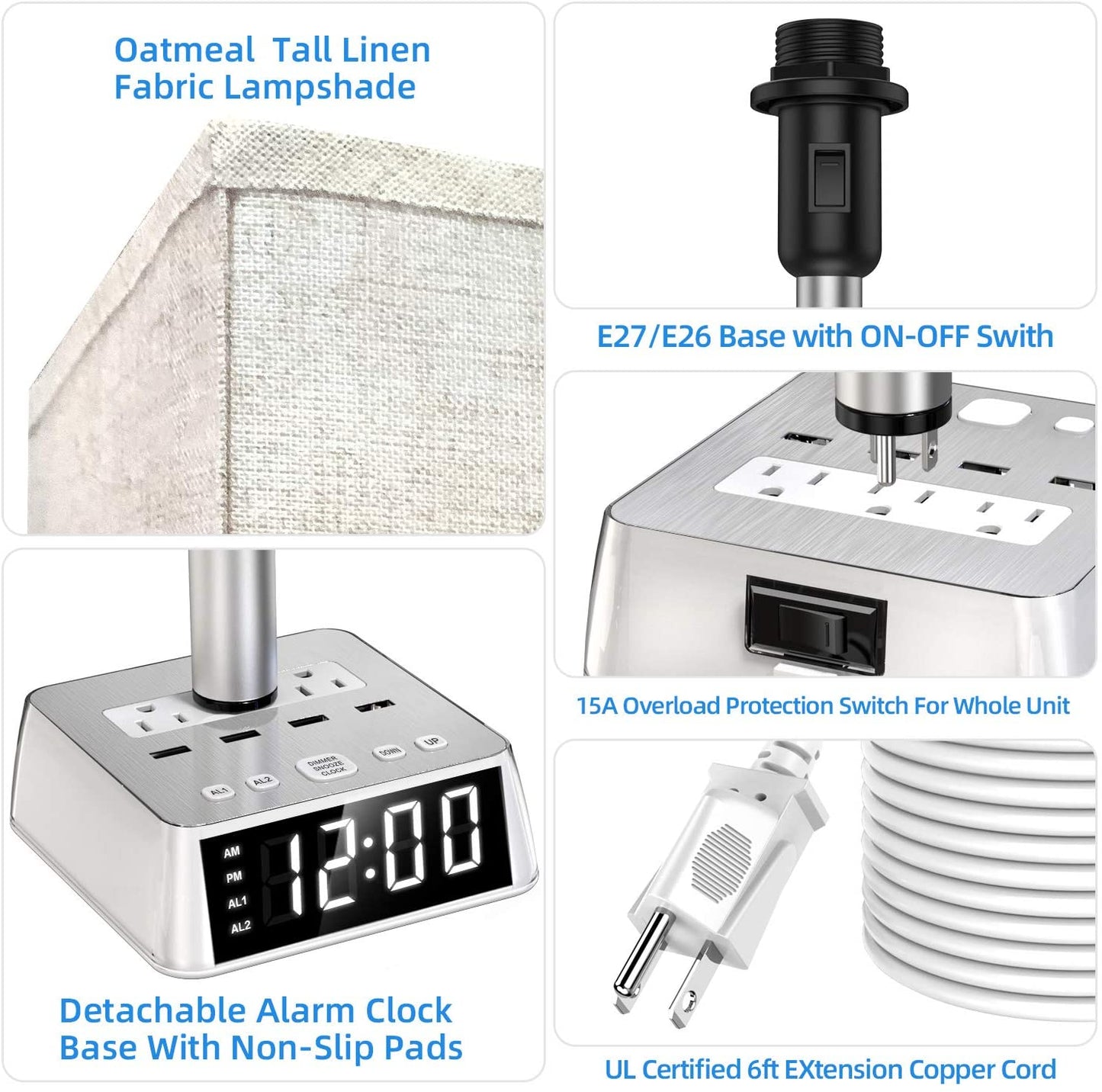 Table Lamp, 4 USB Ports & AC Power Outlets, Alarm Clock - HAWI SHOPPING