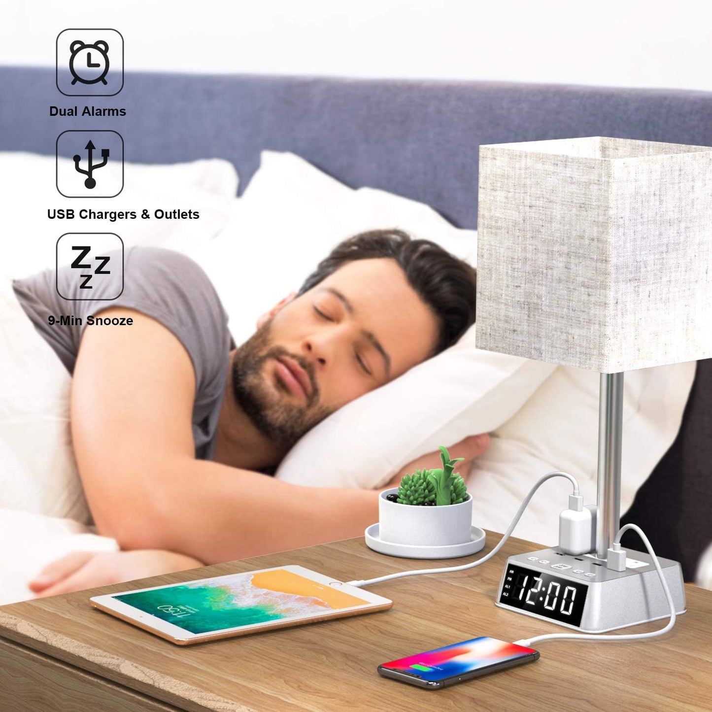 Table Lamp, 4 USB Ports & AC Power Outlets, Alarm Clock - HAWI SHOPPING