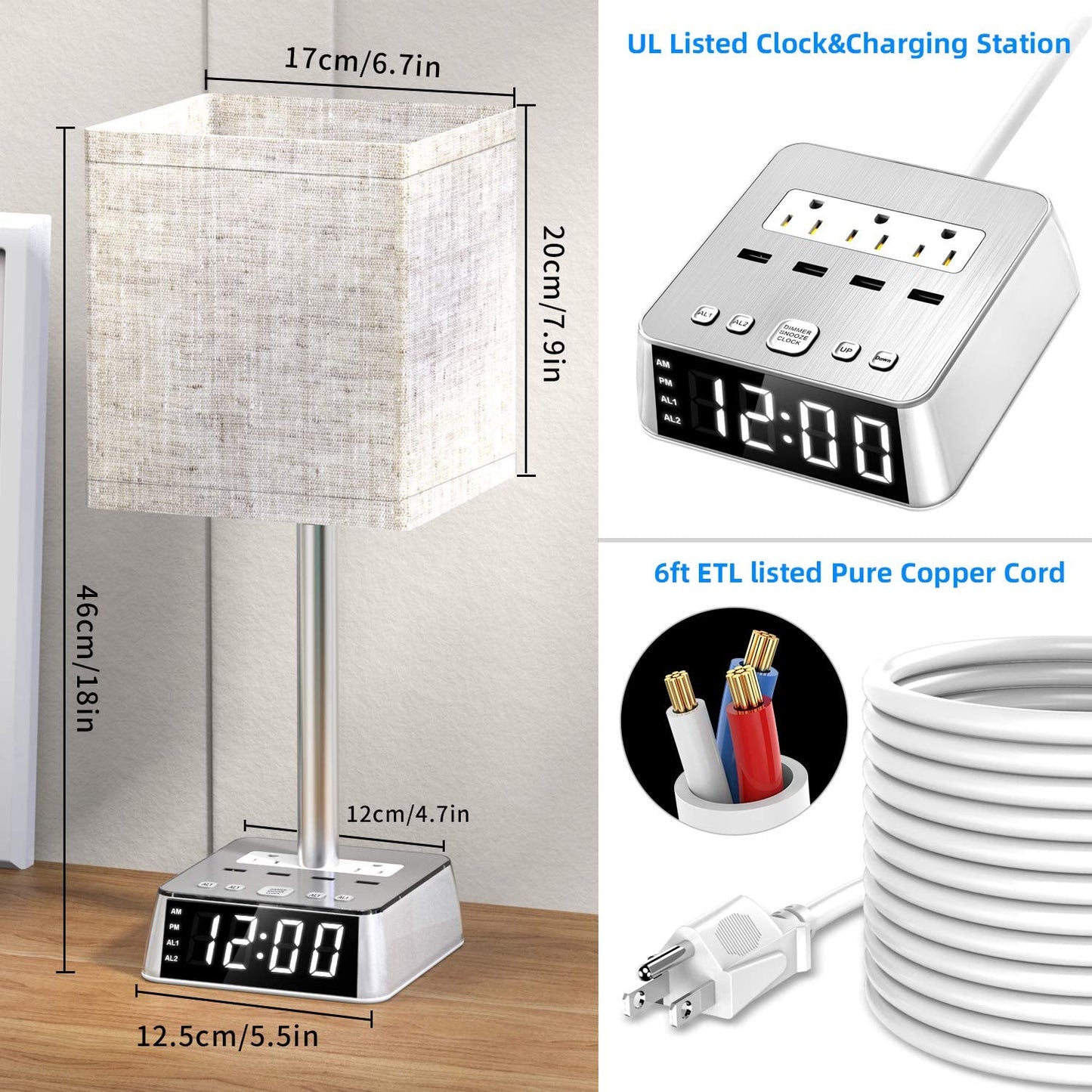 Table Lamp, 4 USB Ports & AC Power Outlets, Alarm Clock - HAWI SHOPPING