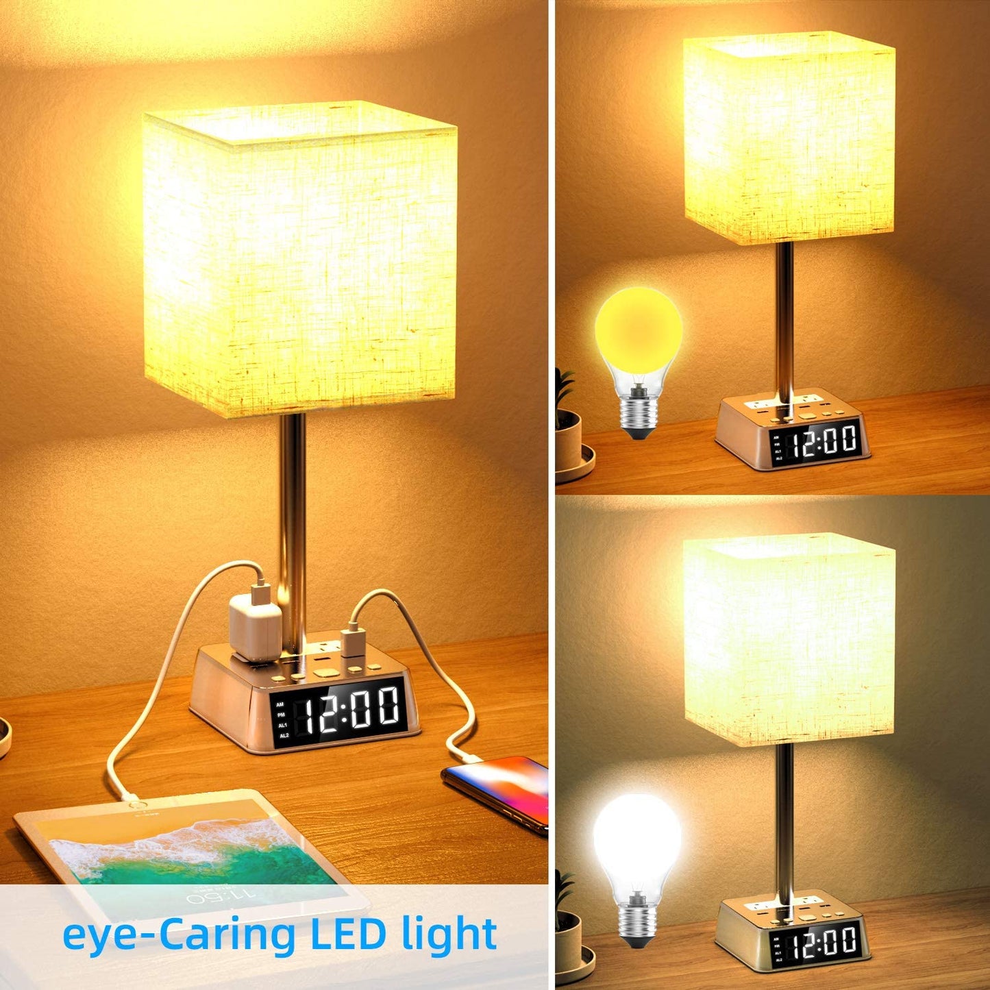 Table Lamp, 4 USB Ports & AC Power Outlets, Alarm Clock - HAWI SHOPPING