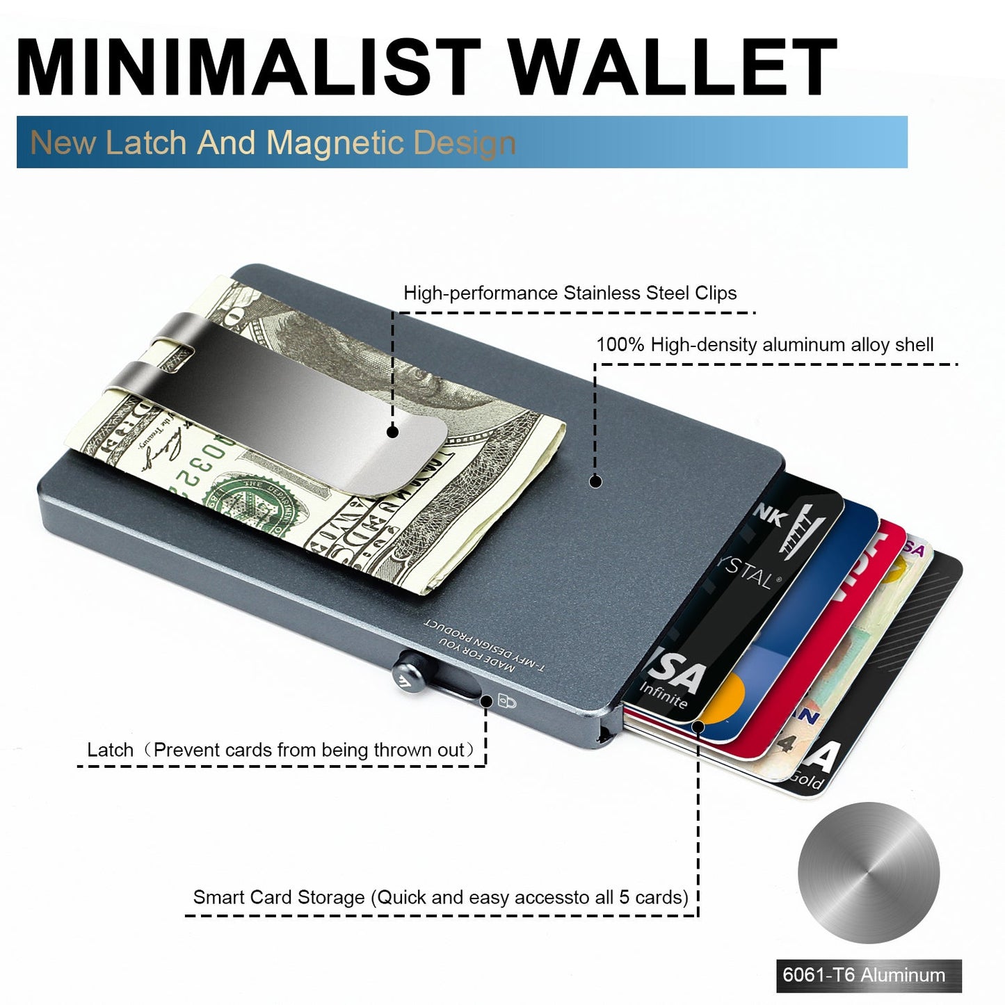 Minimalist Pop up Wallet with Money Clip, All Aluminum Slide Rfid Slim Card Holder - HAWI SHOPPING