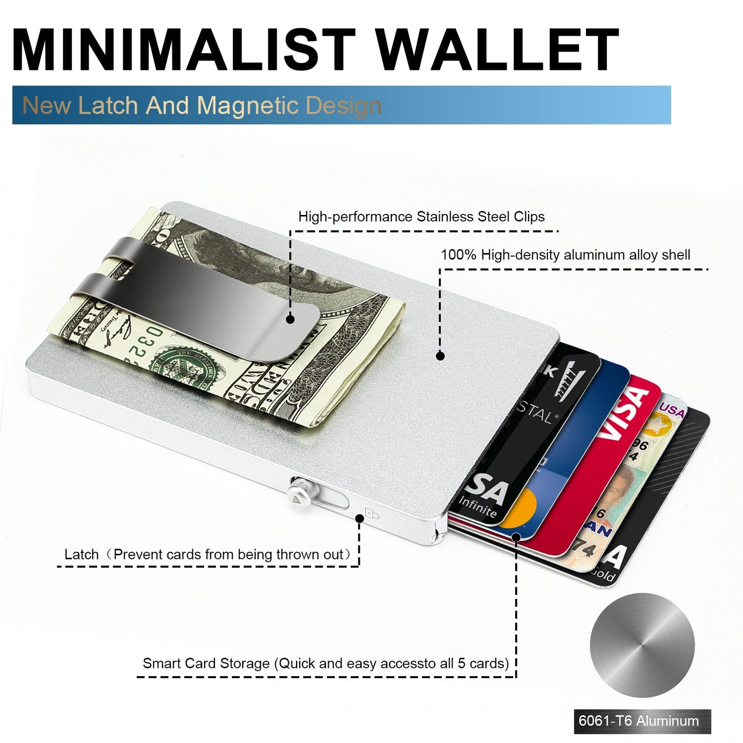 Minimalist Pop up Wallet with Money Clip, All Aluminum Slide Rfid Slim Card Holder - HAWI SHOPPING