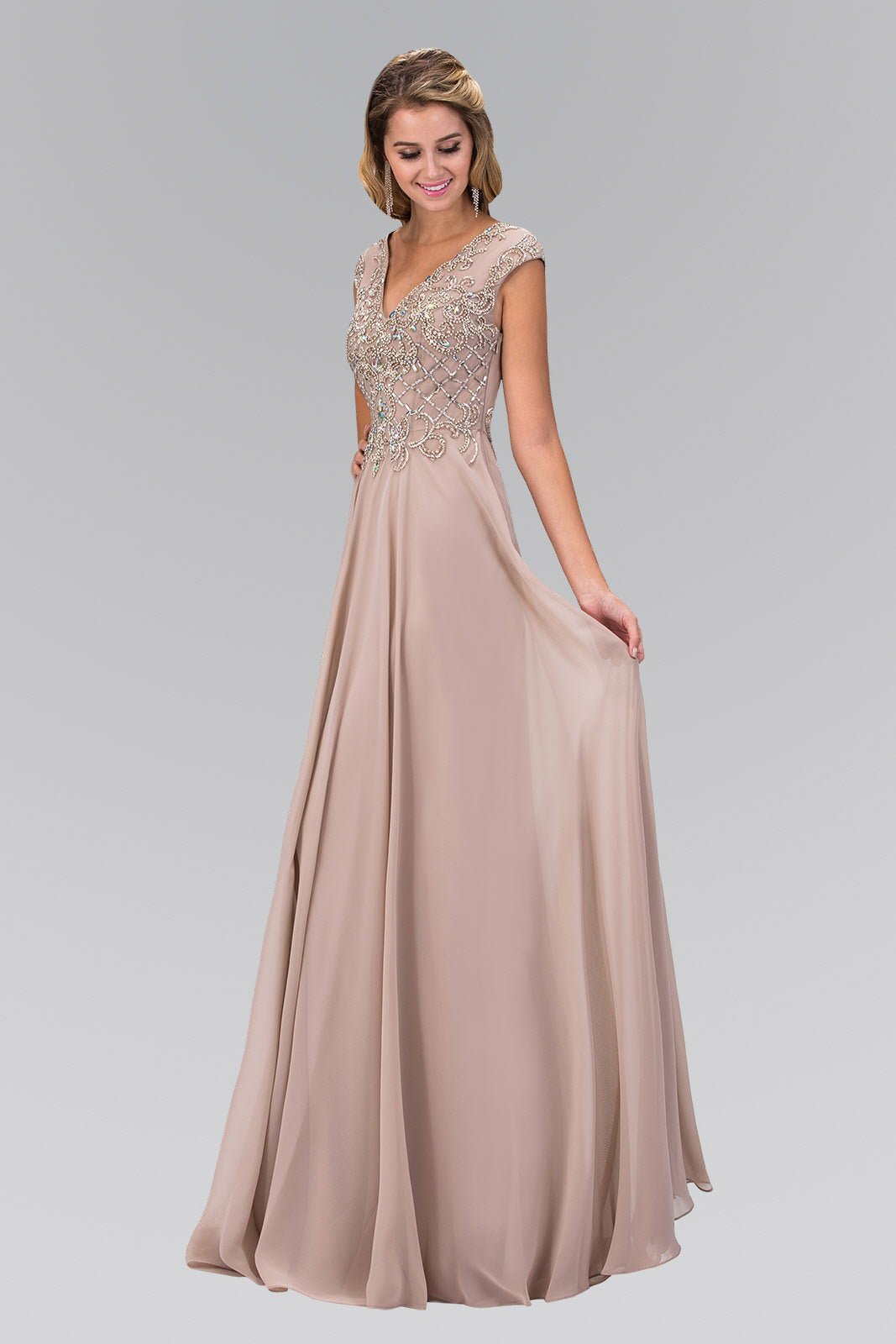 V - Neck Chiffon Floor Length Dress with Jewel Embellished Bodice - HAWI SHOPPING