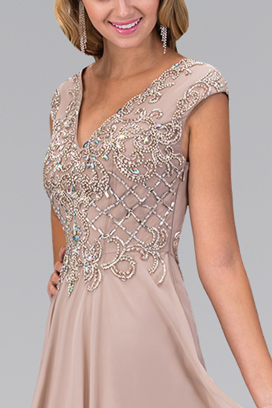 V - Neck Chiffon Floor Length Dress with Jewel Embellished Bodice - HAWI SHOPPING