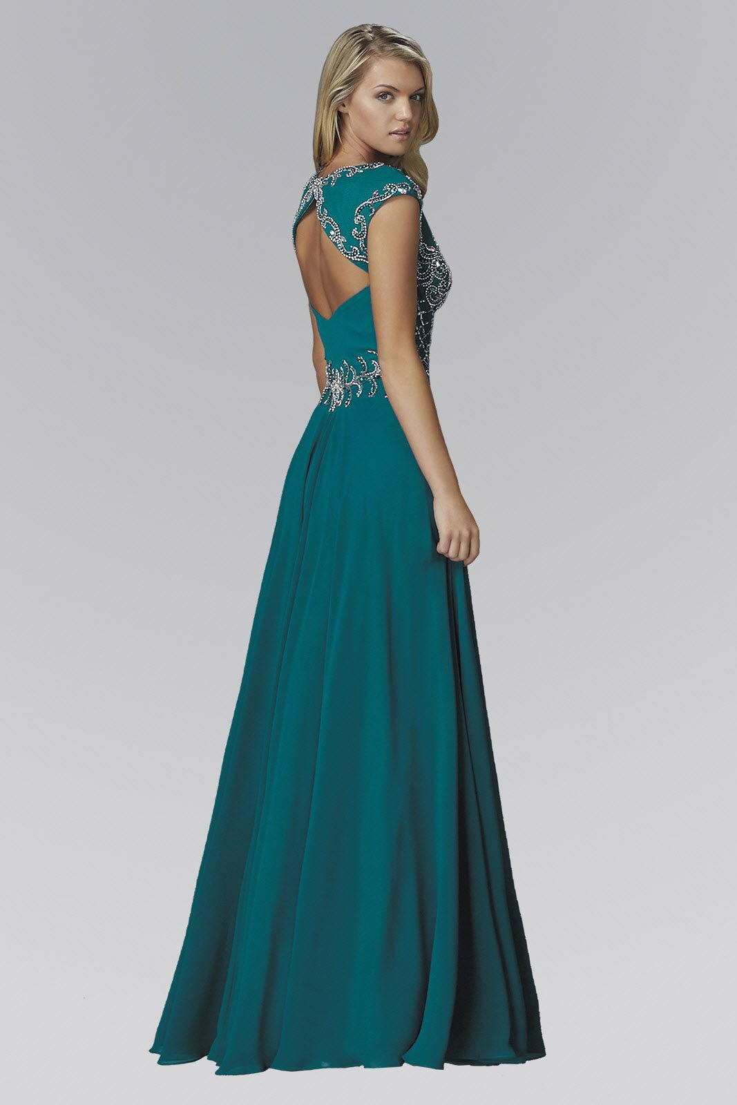 V - Neck Chiffon Floor Length Dress with Jewel Embellished Bodice - HAWI SHOPPING