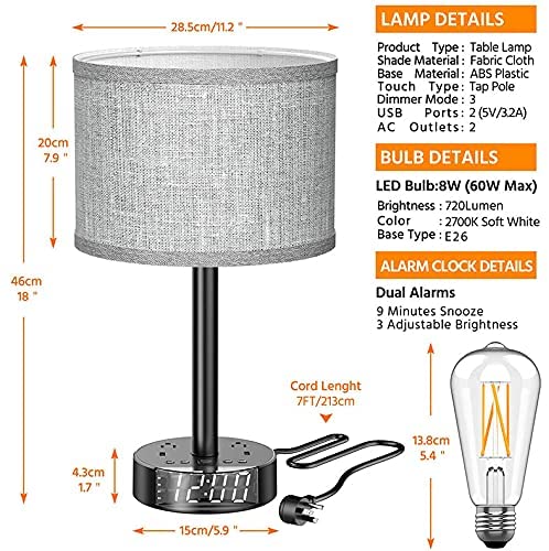 Bedside Table Lamp Alarm Clock Charging - 3 Brightness Level - HAWI SHOPPING