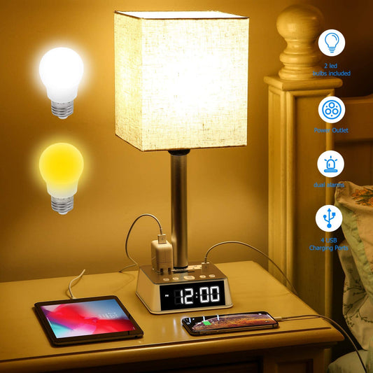 Table Lamp, 4 USB Ports &amp; AC Power Outlets, Alarm Clock - HAWI SHOPPING