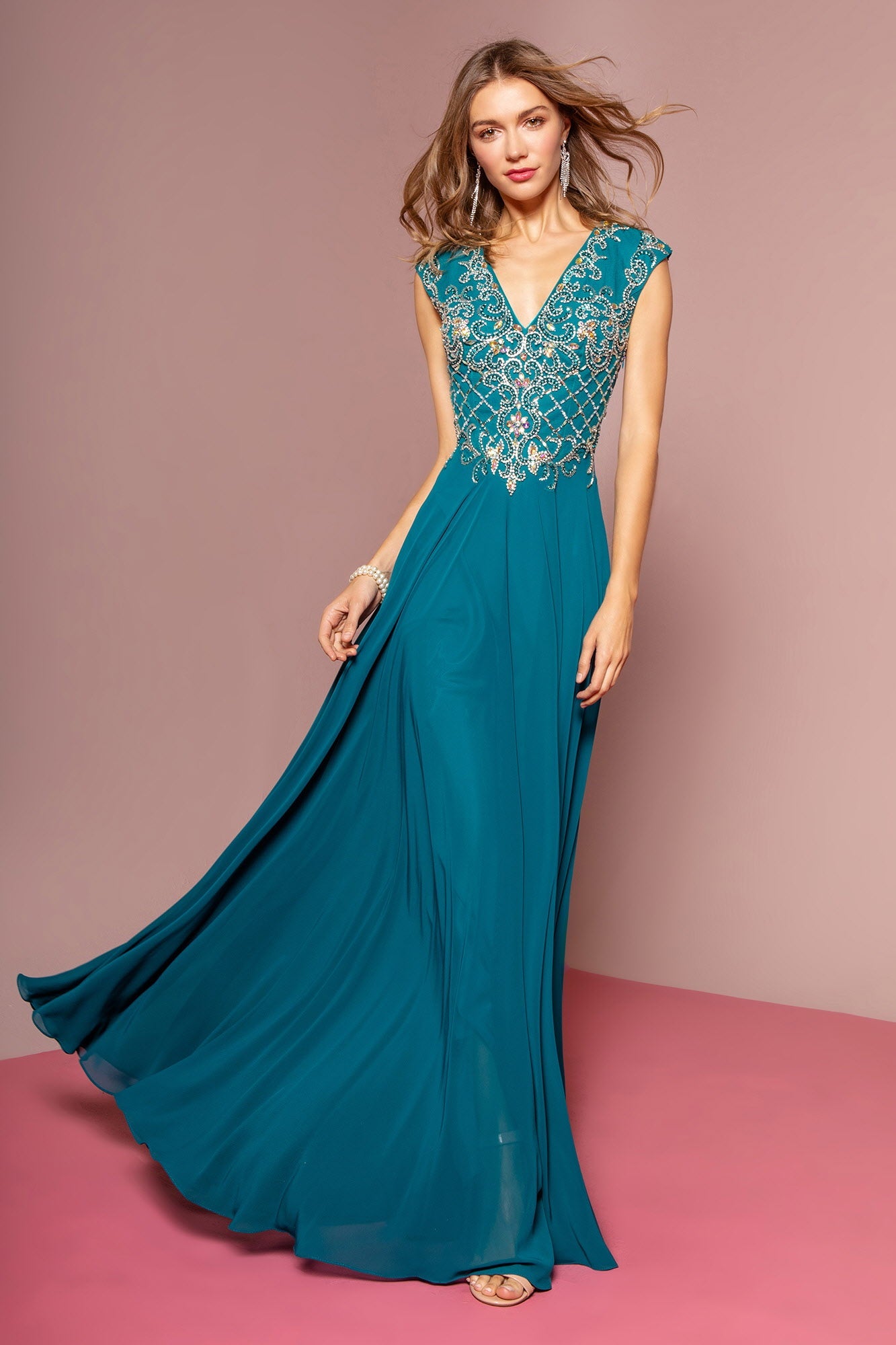 V - Neck Chiffon Floor Length Dress with Jewel Embellished Bodice - HAWI SHOPPING