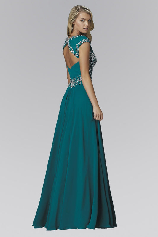 V - Neck Chiffon Floor Length Dress with Jewel Embellished Bodice - HAWI SHOPPING